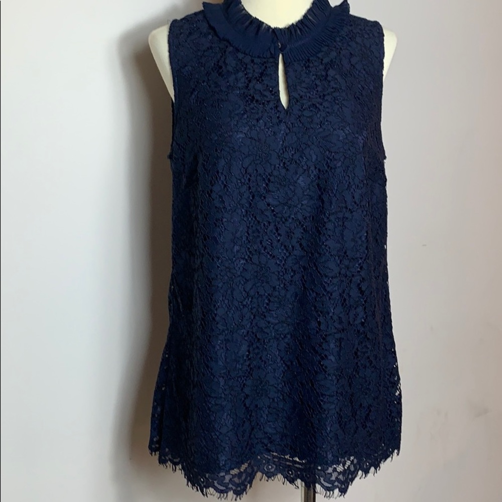 4/$20 J Crew navy ruffle neck lace tank shirt